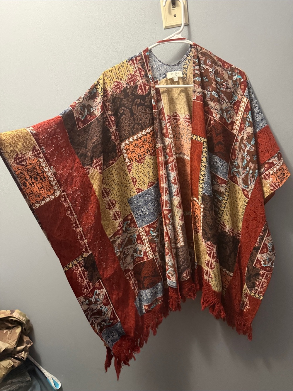 Umgee Patchwork Fringe Cardigan in Red, Brown, Gold, Blue, Cream